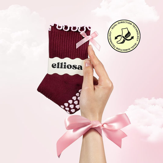 Elliosa Bordeaux Bow grip socks with pink ruffle trim, bow detail and heart-shaped grips