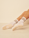 Lucky Honey Cat Walk Crew grip socks in Desert Stripes, with neutral cuff stripes and cream grip soles