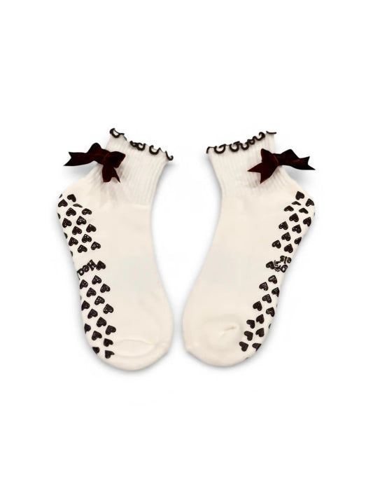Healing Heels Velvet Brown Bows ivory ankle grip socks