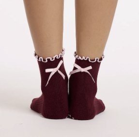 Burgundy Bow Grip Socks