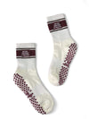 Healing Heels DND ivory crew grip socks with burgundy Pilates statement band