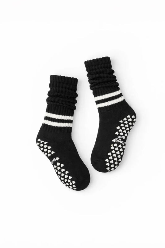 Healing Heels Blackout black slouch grip socks with white varsity stripes