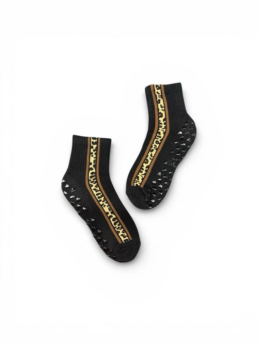 Healing Heels Cheetah Core Black ankle grip socks with cheetah side stripes