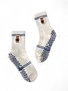 Healing Heels Sweaty Teddy ivory crew grip socks with navy stripes and teddy embroidery