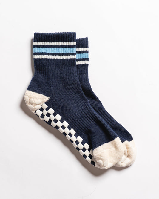 Revel Athletic MVP navy crew grip socks with blue and off-white stripes and checkerboard GripGrid soles
