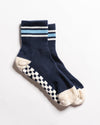Revel Athletic MVP navy crew grip socks with blue and off-white stripes and checkerboard GripGrid soles