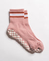 Revel Athletic Rally dusty pink crew grip socks with burnt orange and white stripes and white GripGrid soles