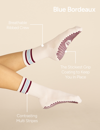 Lucky Honey Multi Stripe Crew Grip Sock in Dark Cherry & Blue detail 2