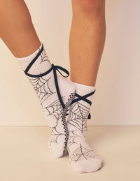 Lucky Honey Nina Spellbound spiderweb grip socks with black wraparound ties