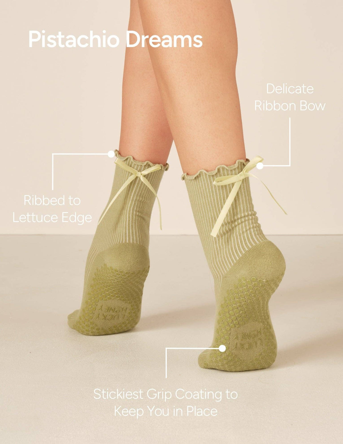 Lucky Honey Juliet Grip Sock in Pistachio detail 2