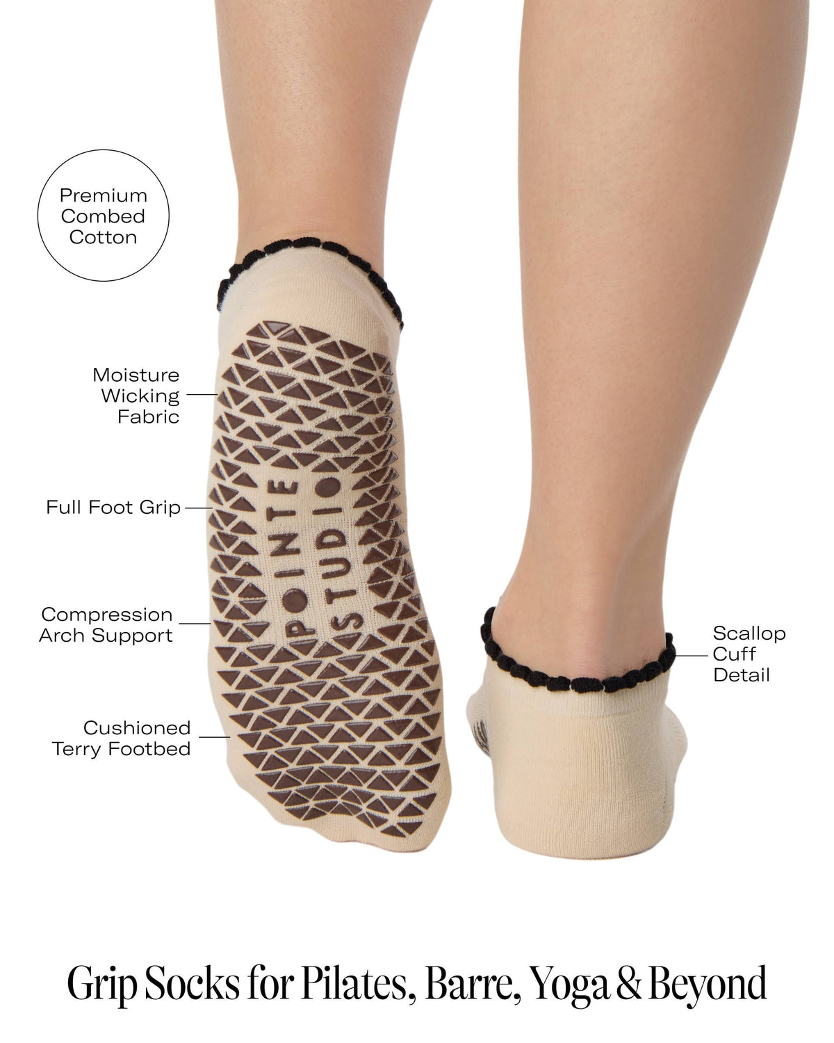 Pointe Studio Muse Giddy Up Full Foot Grip Sock in beige and black — official product image 9