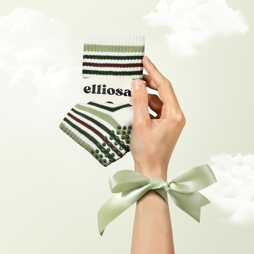 Elliosa Autumn Stripe Grip Socks in Forest Walk - striped sock and matching grip