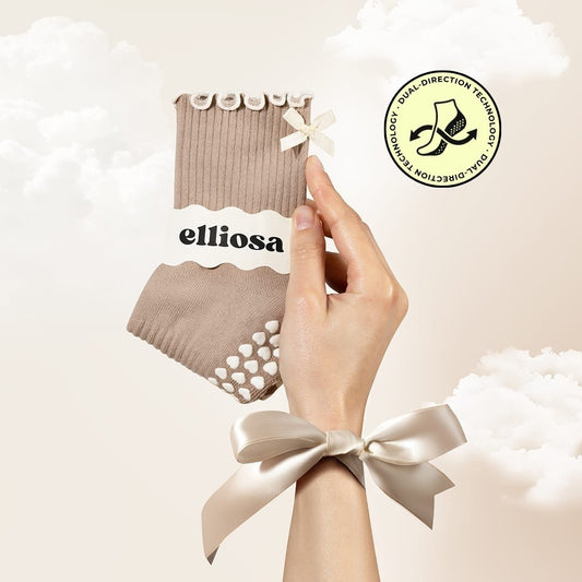 Elliosa Toffee Bow grip socks with cream ruffle trim, bow detail and heart-shaped grips