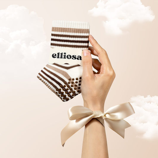 Elliosa Autumn Stripe Grip Socks in Coffee Run - striped sock and matching grip