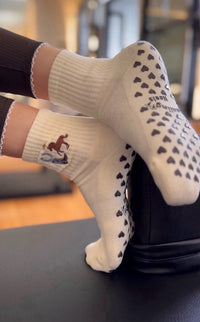 Howdy Pilates crew grip socks lifestyle view