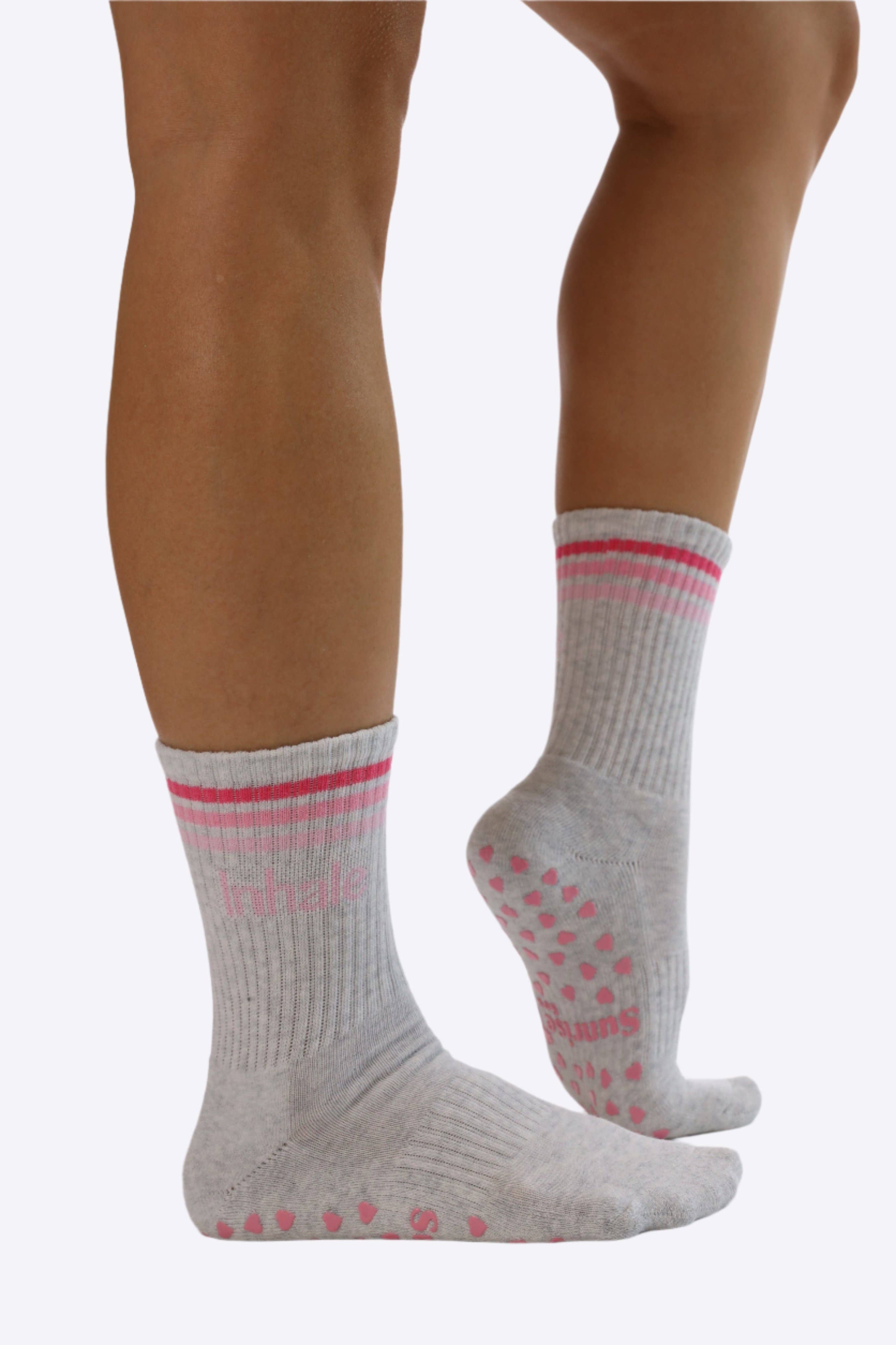 Sunrise Sox gray crew socks with red and pink stripe accent