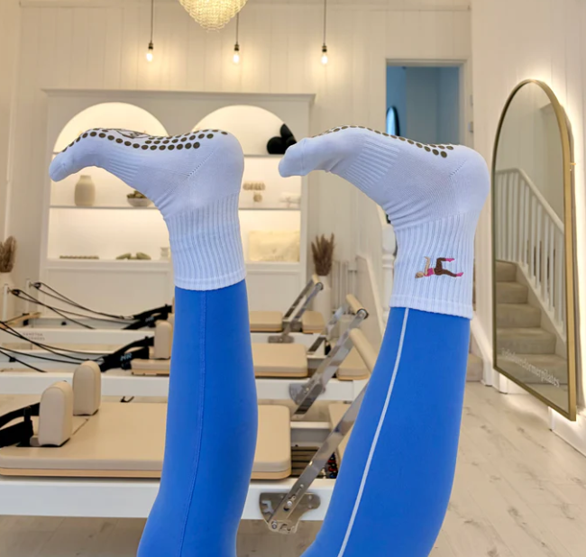 Blonde Pilates Girl Grip Sock – White Crew Sock with Studio Grip