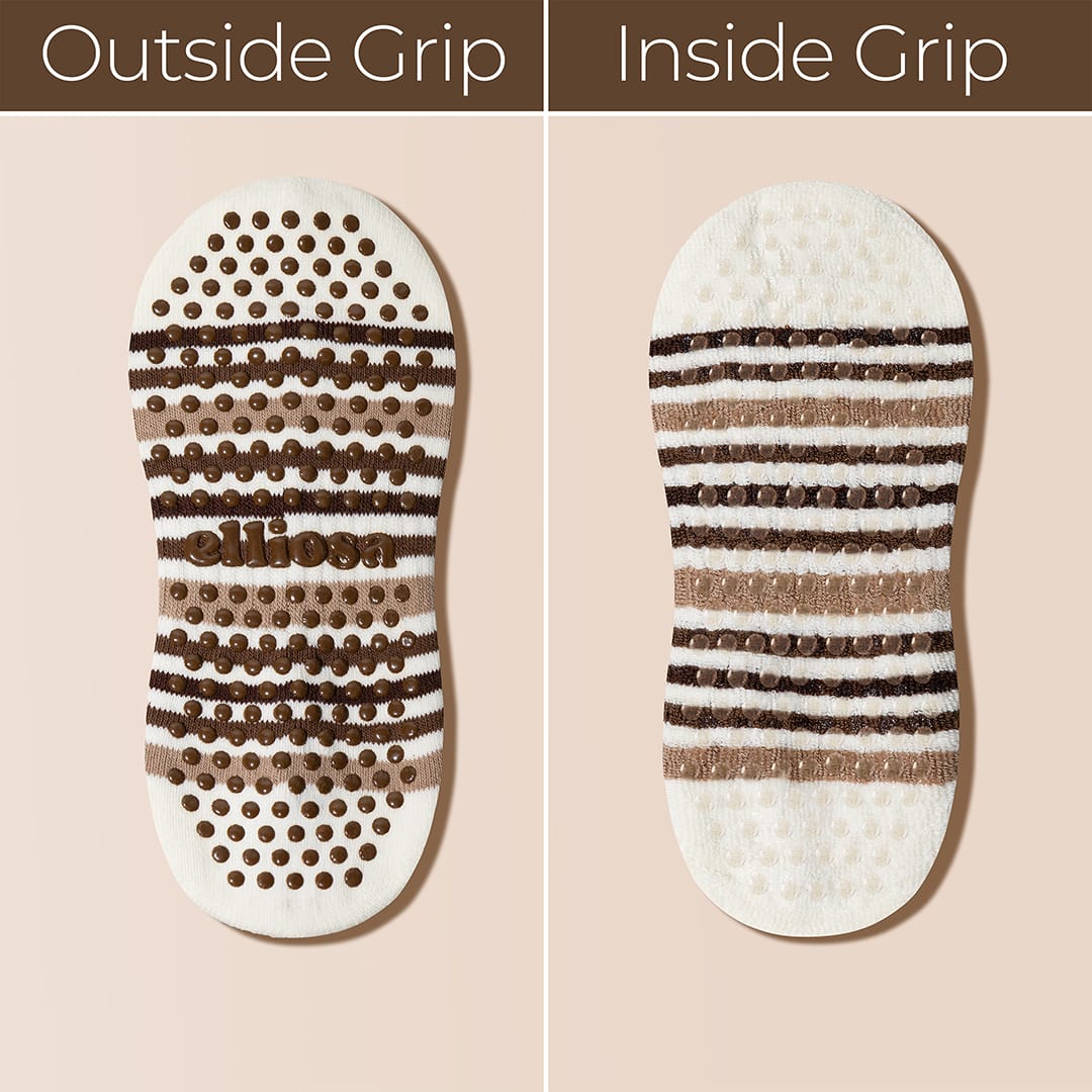 Elliosa Autumn Stripe Grip Socks in Coffee Run - grip sole detail
