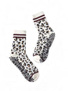 Healing Heels Cozy Cheetah ivory crew grip socks with burgundy stripes
