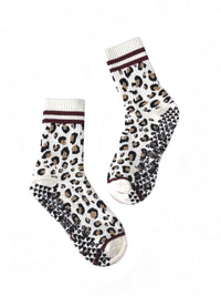 Healing Heels Cozy Cheetah ivory crew grip socks with burgundy stripes