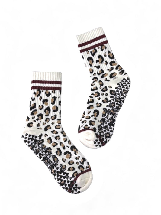 Healing Heels Cozy Cheetah ivory crew grip socks with burgundy stripes