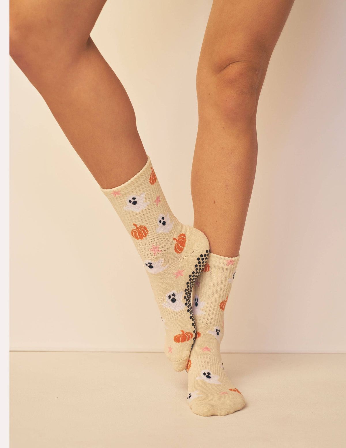 Lucky Honey Tricks and Treats cream Halloween grip socks side view