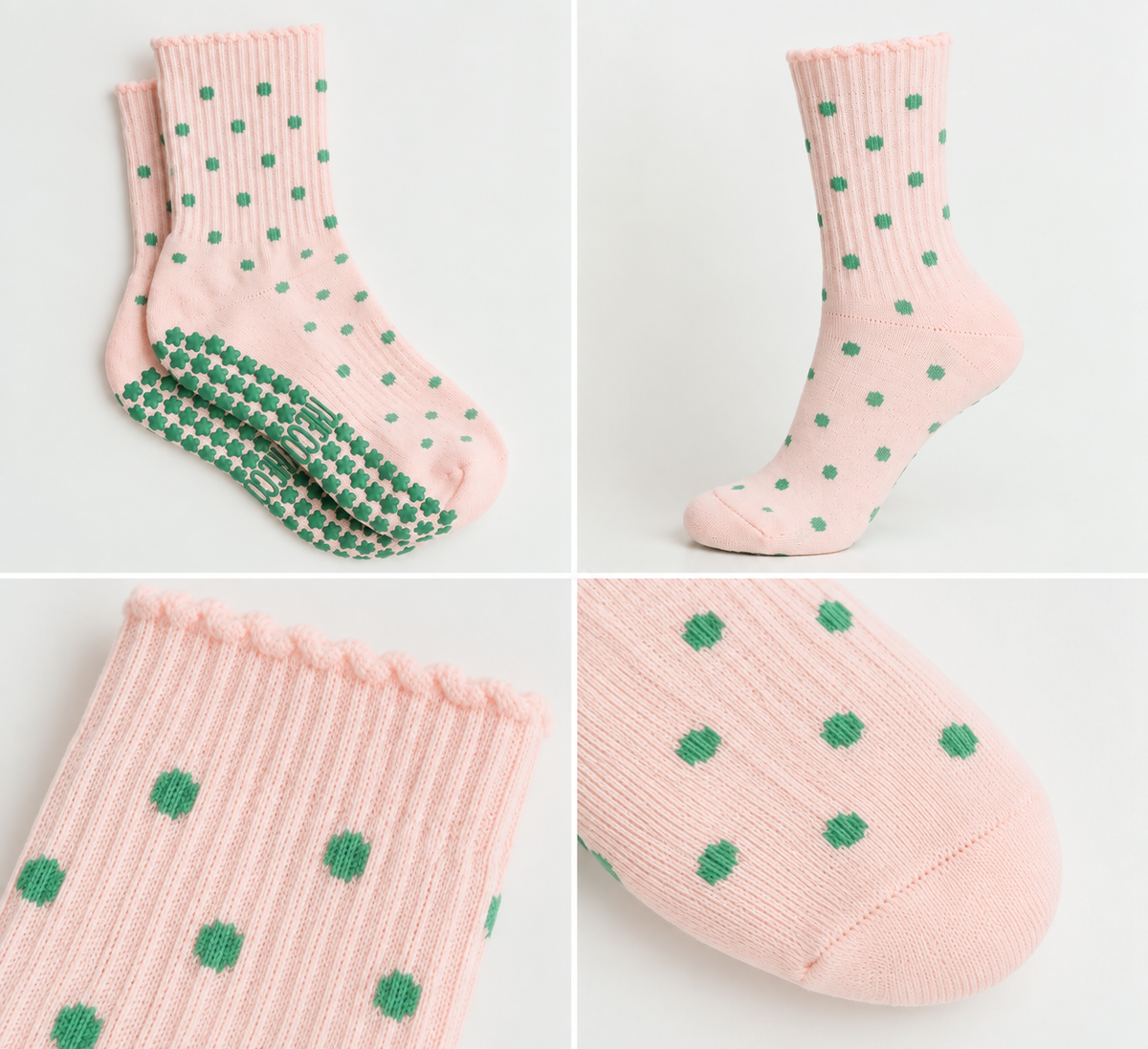 Pink and green polka dot crew grip sock detail