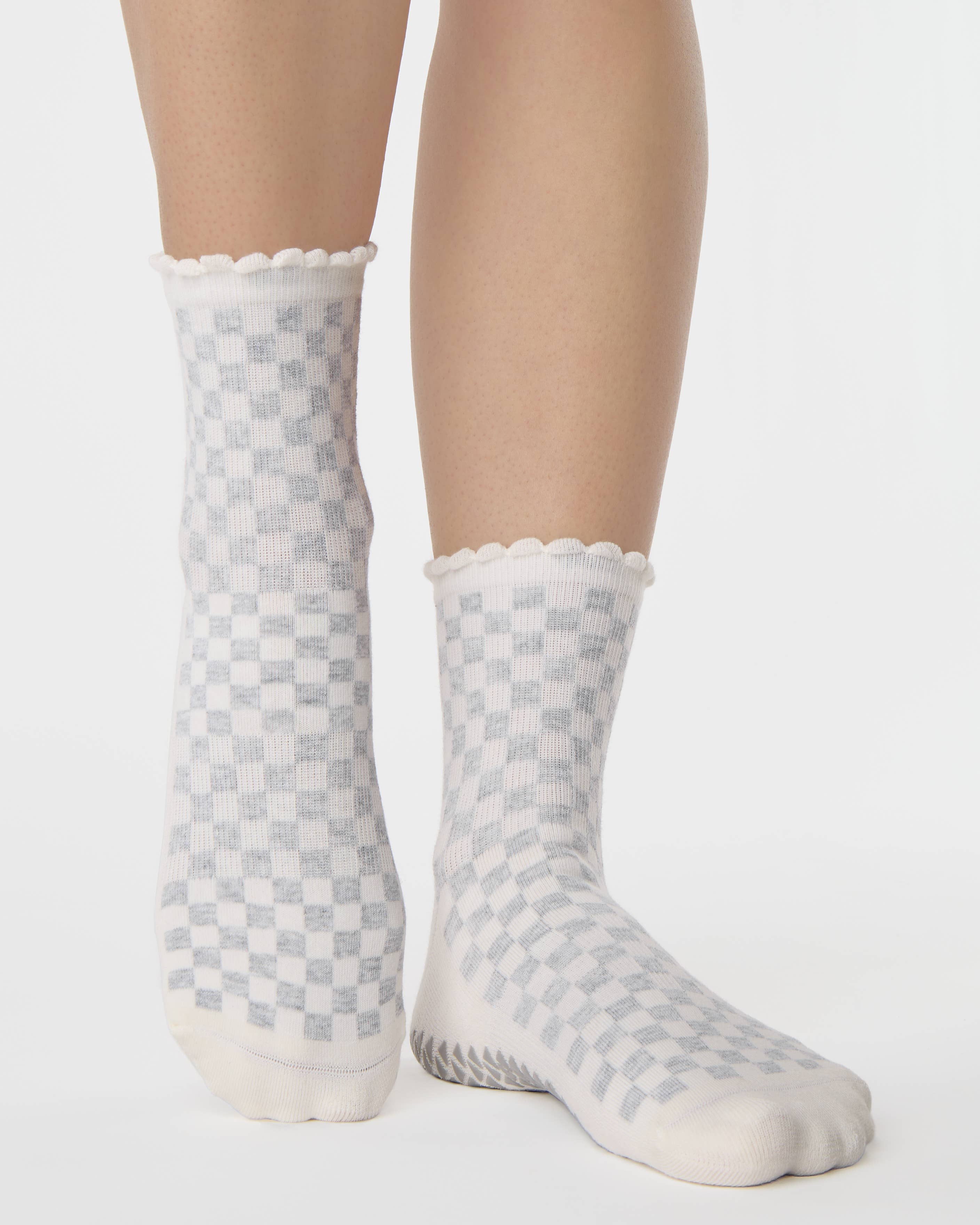 Women's Annie Ankle Grip Sock - White Checkered