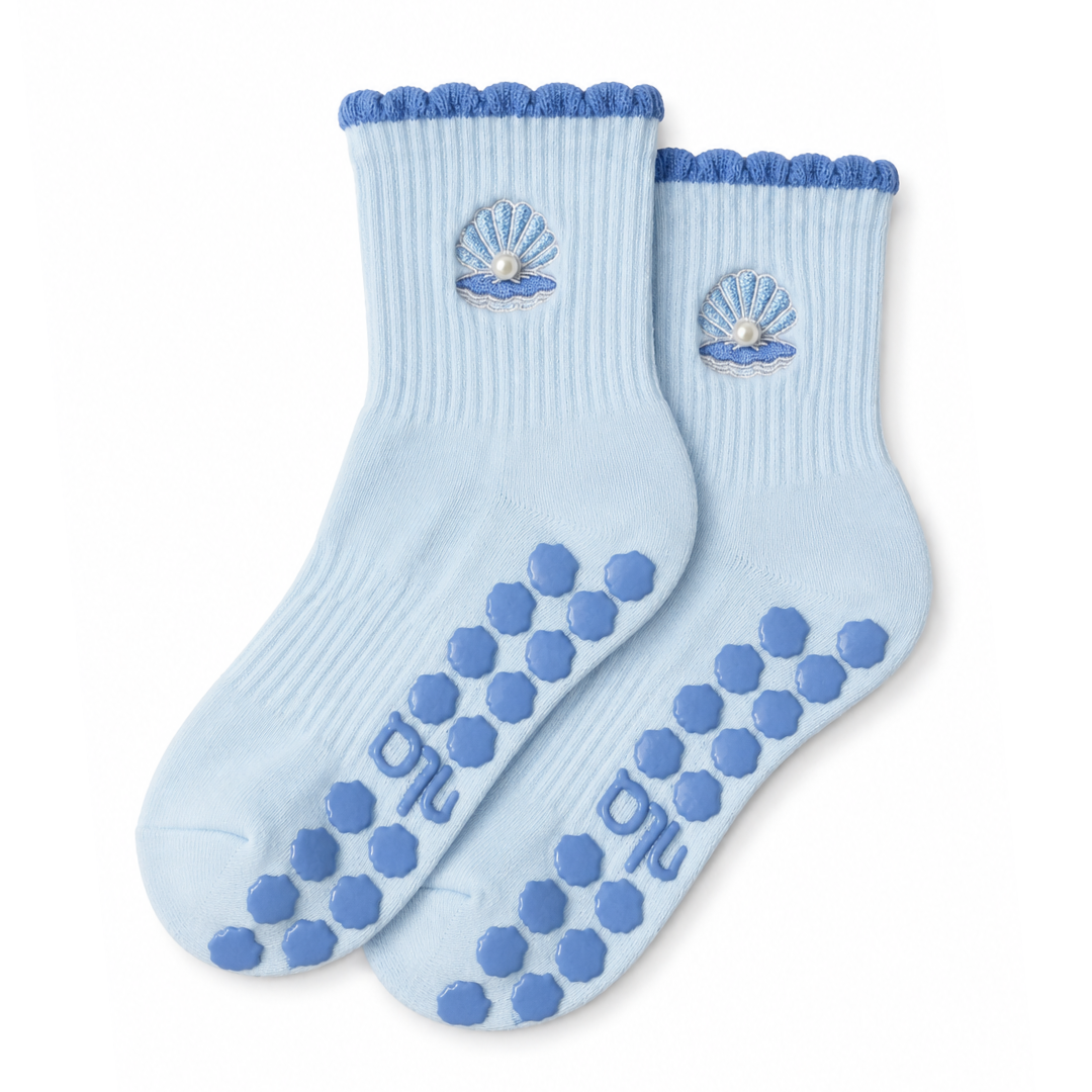 Oyster Pearl Blue Embroidered Summer Grip Socks