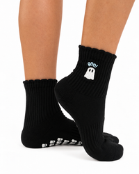 Grounded Ghosted black ruffle Halloween grip socks with embroidered ghost