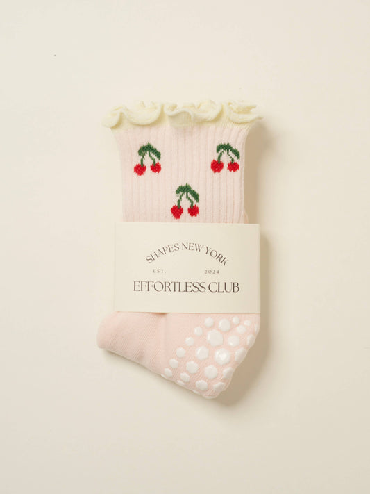🍒 Cherry Ruffle Grip Sock – Baby Pink