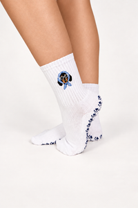 Doxie Darling white crew grip socks with embroidered dachshund in blue bandana and sunglasses