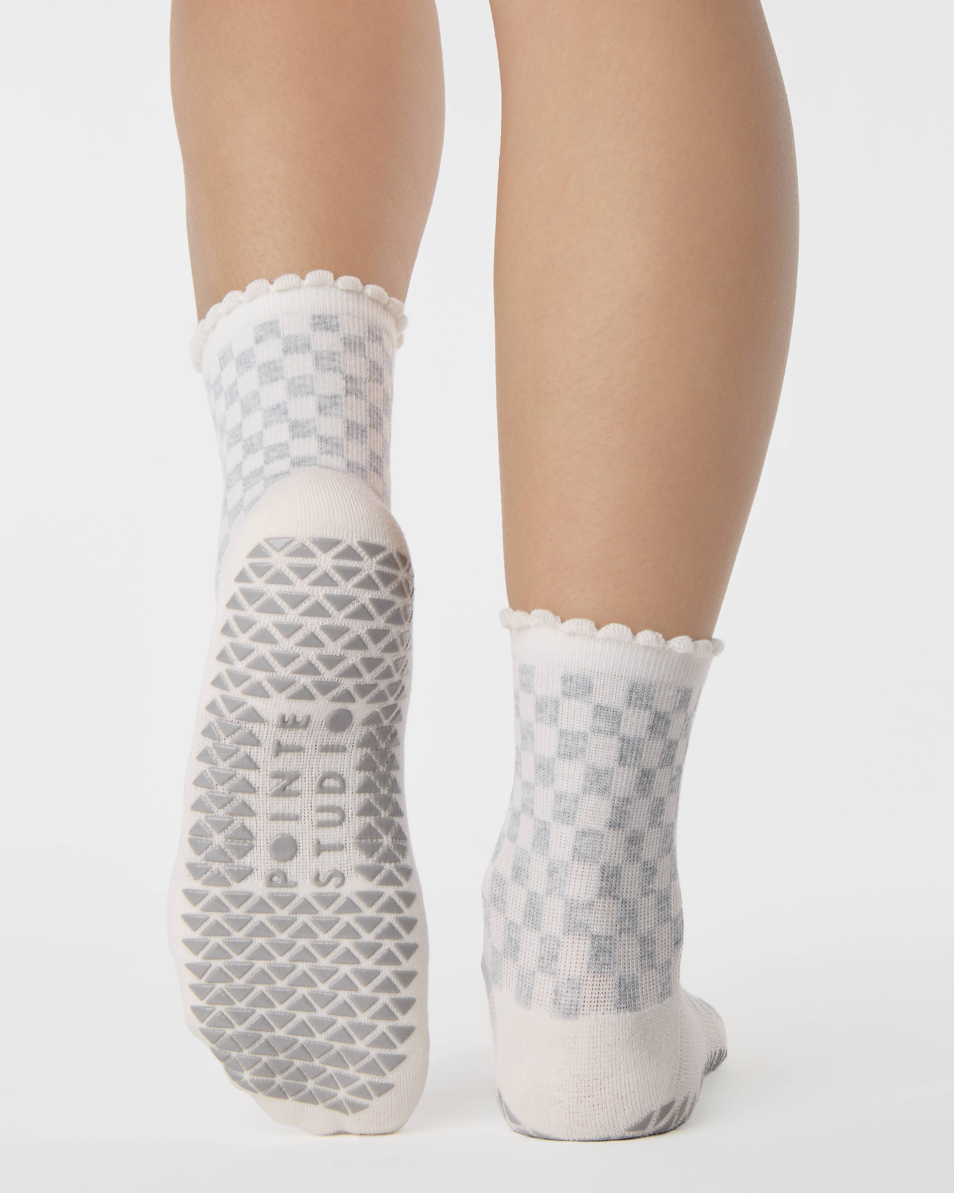 Women's Annie Ankle Grip Sock - White Checkered