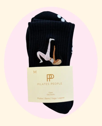 Blonde Pilates Girl Grip Sock – Black Crew Sock with Studio Grip