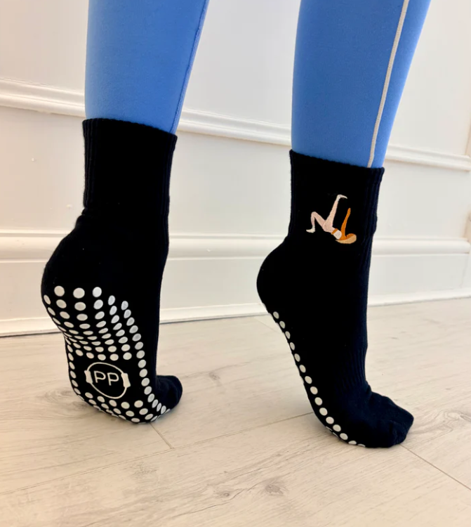 Blonde Pilates Girl Grip Sock – Black Crew Sock with Studio Grip