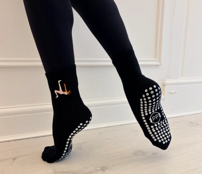 Brunette Pilates Girl Grip Sock – Black Crew Sock with Studio Grip