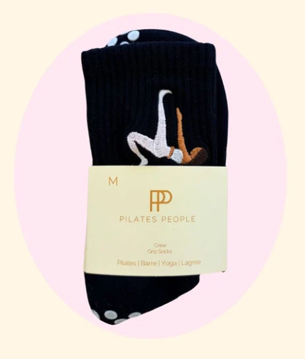 Brunette Pilates Girl Grip Sock – Black Crew Sock with Studio Grip