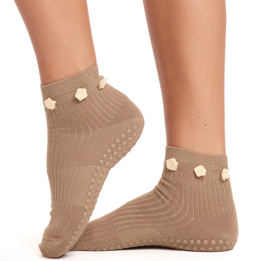 Beige Flower Grip Sock