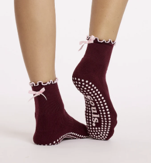 Burgundy Bow Grip Socks