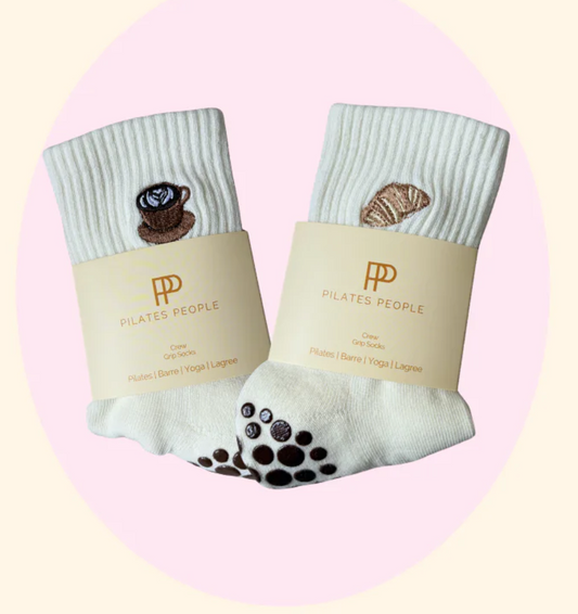 Coffee & Croissant Grip Sock – Embroidered Crew Sock with Studio Grip