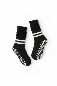 Healing Heels Blackout black slouch grip socks with white varsity stripes