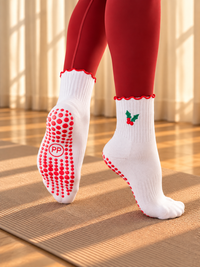 Pilates People Christmas Cheer white grip socks with festive embroidery and red scalloped cuff — view 4