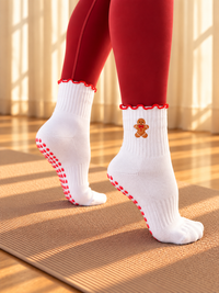 Pilates People Christmas Cheer white grip socks with festive embroidery and red scalloped cuff — view 1