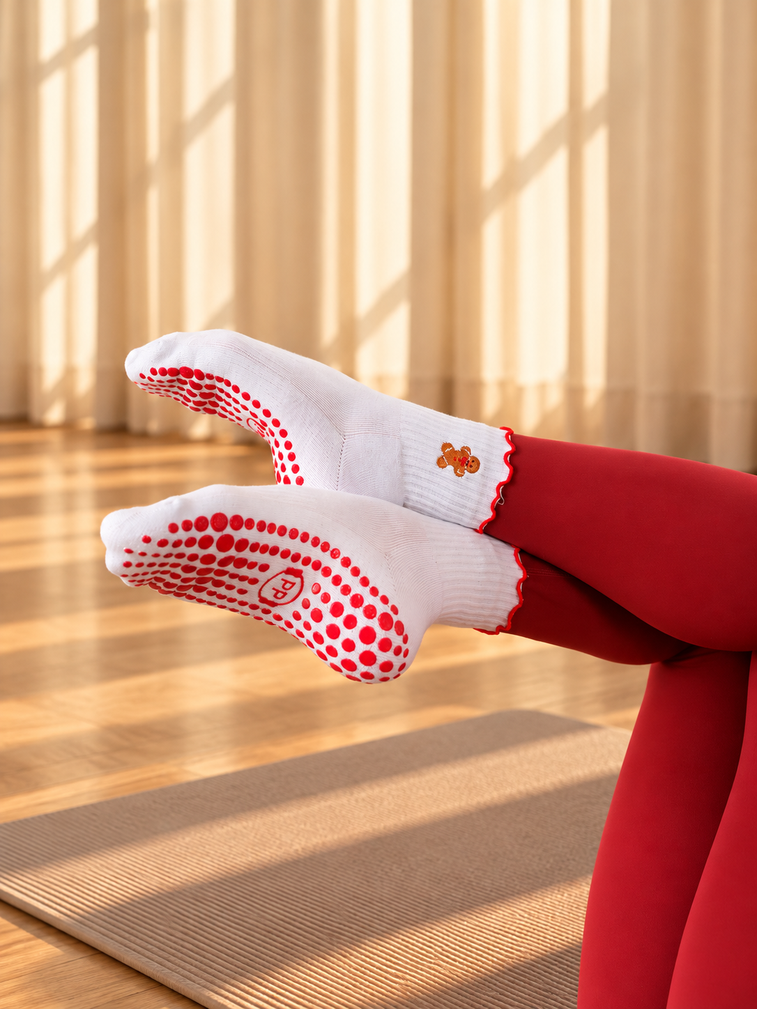 Pilates People Christmas Cheer white grip socks with festive embroidery and red scalloped cuff — view 5