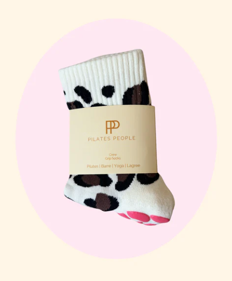 Leopard Grip Sock – Cream Crew Sock with Pink Grip Sole