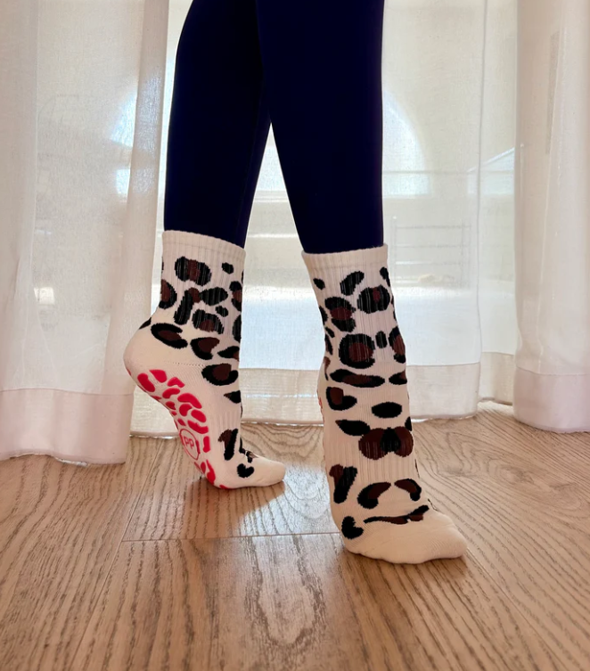 Leopard Grip Sock – Cream Crew Sock with Pink Grip Sole
