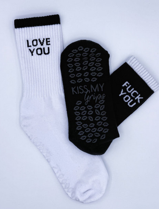 Love You / F* You Grip Sock – Black & White Mix Match