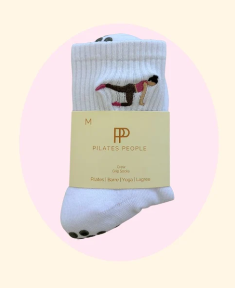 Brunette Pilates Girl Grip Sock – White Crew Sock with Studio Grip