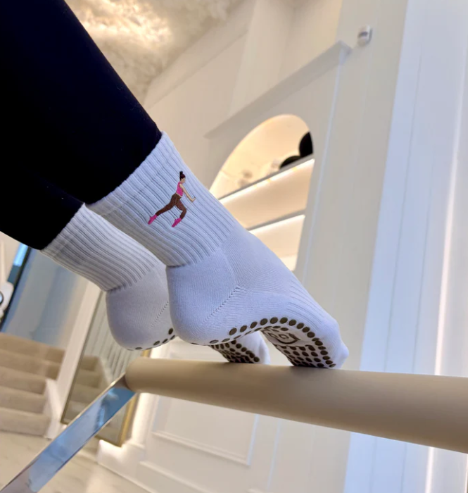 Brunette Pilates Girl Grip Sock – White Crew Sock with Studio Grip