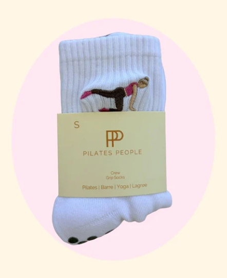 Blonde Pilates Girl Grip Sock – White Crew Sock with Studio Grip
